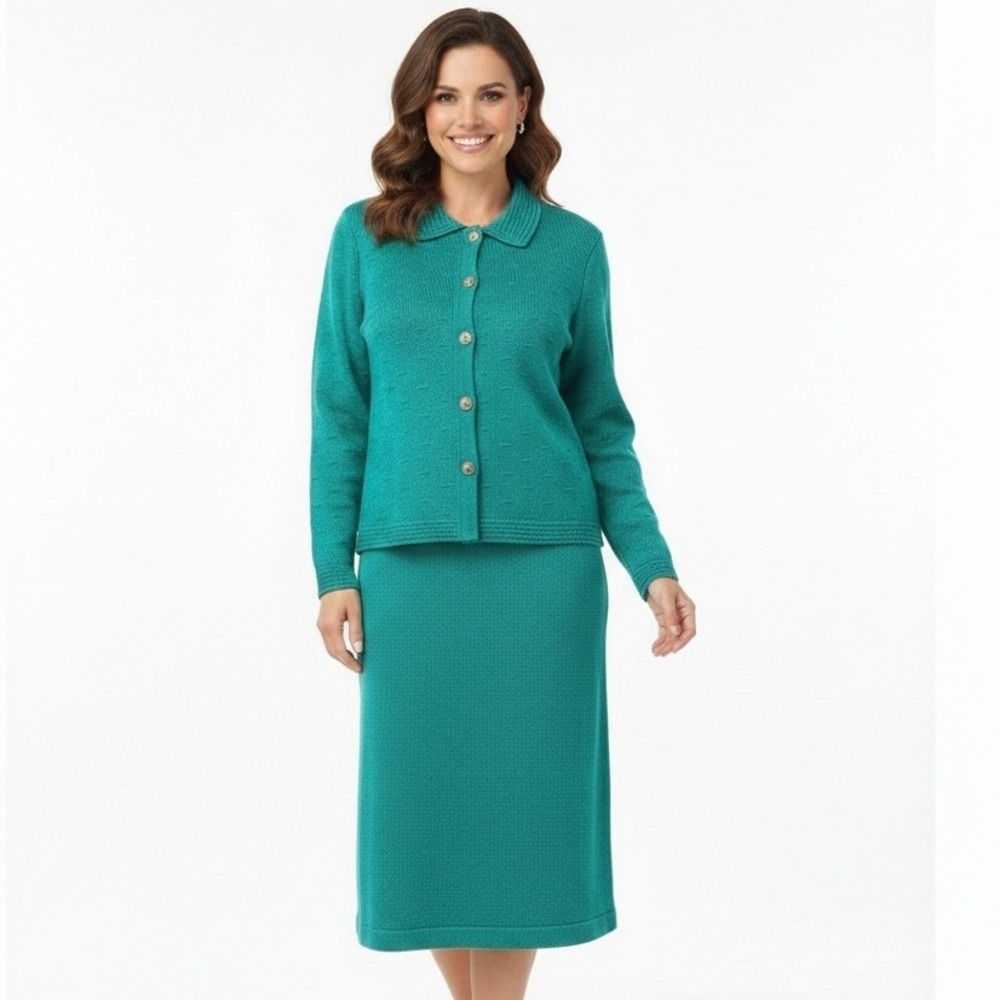Mita Vintage Teal Green‎ Knit 2 Piece Skirt Set Cardigan Size 12P Retro Classic